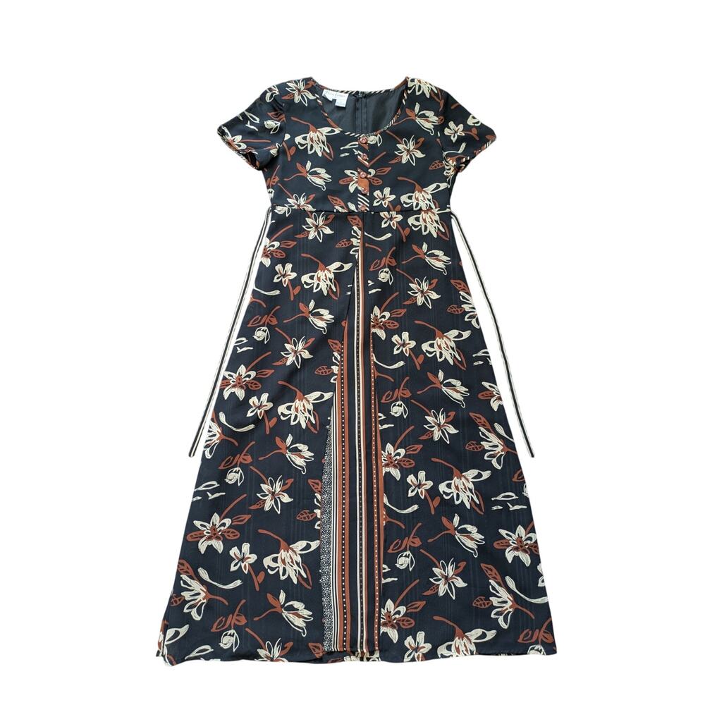 VTG Betsy Lauren Maxi Dress 6 Black Brown Floral Regency Cottage Fairy Forest
